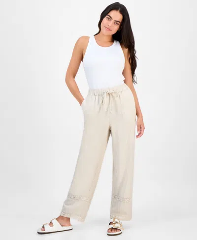 And Now This Petite Linen-blend Lace-inset Wide-leg Pants, Exclusively At Macy's In Brown