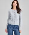 And Now This Petite Long Sleeve Set-in Crewneck Cardigan Sweater In Blue