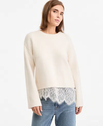 And Now This Petite Long-sleeve Crewneck Lace Sweater, Macy's Exclusive In White