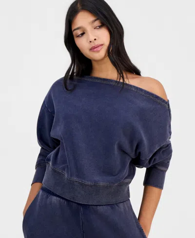 And Now This Petite Off-the-shoulder 3/4-sleeve Sweatshirt, Macy's Exclusive In Blue