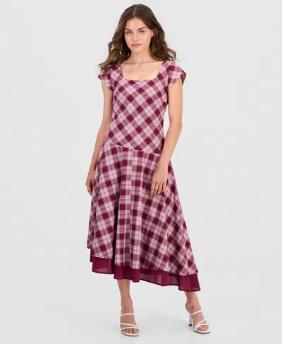 And Now This Petite Plaid Asymmetrical Short-sleeve Maxi Dress, Macy's Exclusive In Multi
