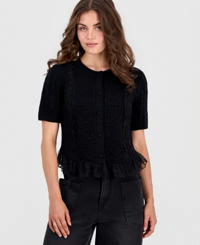 And Now This Petite Pointelle Short-sleeve Button-front Cardigan, Macy's Exclusive In Black