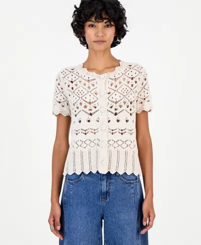 And Now This Petite Pointelle Short-sleeve Scalloped-trim Cardigan, Macy's Exclusive In Sand Heather