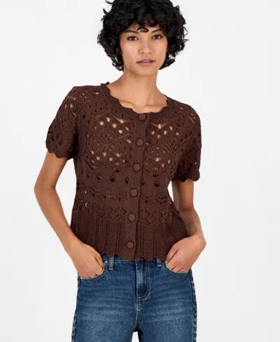And Now This Petite Pointelle Short-sleeve Scalloped-trim Cardigan, Macy's Exclusive In Warm Sienna