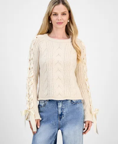 And Now This Petite Round-neck Satin-bow-sleeve Sweater, Macy's Exclusive In Neutral