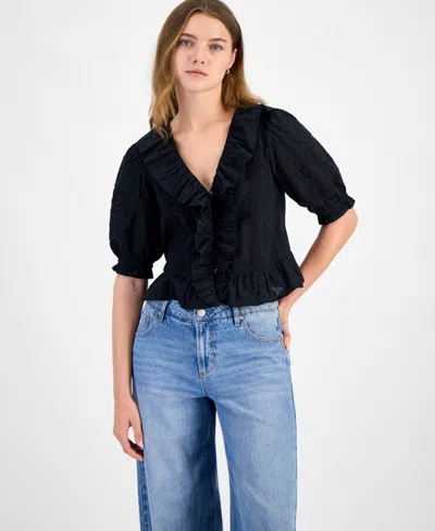 And Now This Petite Ruffled-front Clip-dot Cotton Top, Exclusively At Macy's In Black