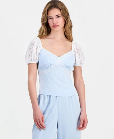 And Now This Petite Satin Lace Puff-sleeve Top, Macy's Exclusive In Blue