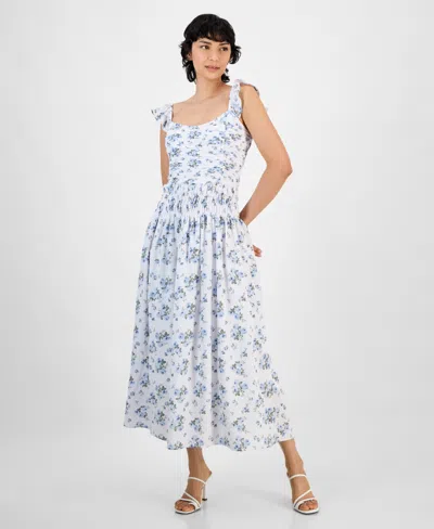 And Now This Petite Scoop-neck Ruched Maxi Dress In White,blue Floral