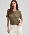 And Now This Petite Short Sleeve Crewneck Pointelle Cardigan Sweater In Green