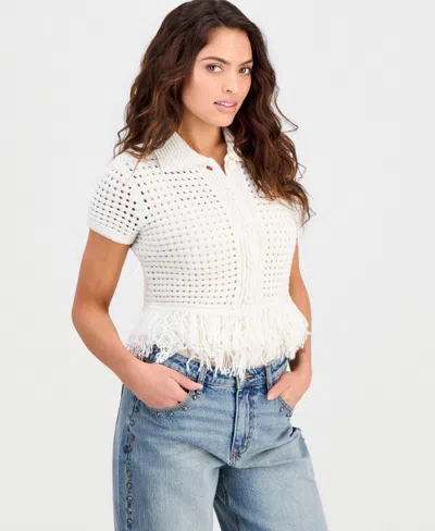 And Now This Petite Short-sleeve Johnny-collar Fringe Sweater, Macy's Exclusive In White