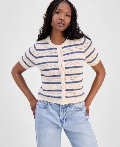 And Now This Petite Striped Short-sleeve Cardigan, Macy's Exclusive In Neutral