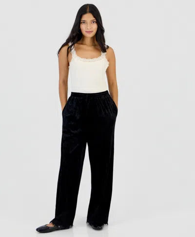And Now This Petite Velvet Lace-trim Wide-leg High-rise Pants, Macy's Exclusive In Black