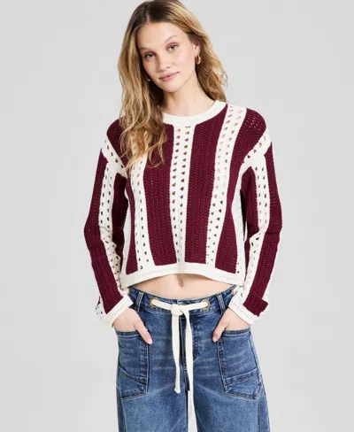 And Now This Petite Vertical Stripe Long-sleeve Sweater, Macy's Exclusive In Burgundy