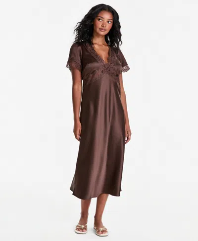 And Now This Petite V-neck Lace-trim Midi Satin Slip Dress, Macy's Exclusive In Warm Sienna
