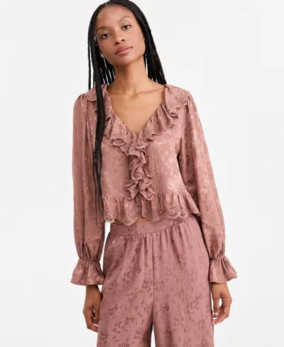 And Now This Petite V-neck Ruffle Satin Jacquard Blouse, Macy's Exclusive In Brown Rose