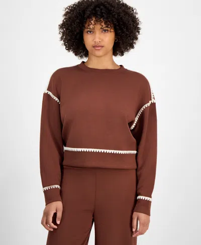 And Now This Petite Whipstitch Long-sleeve Crewneck Sweatshirt, Macy's Exclusive In Brown