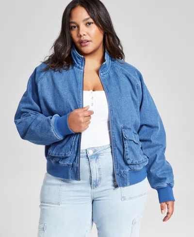 And Now This Plus Size Denim Bomber Jacket In Medium Wash
