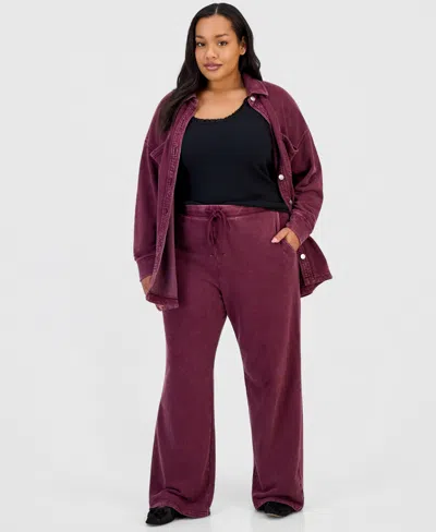 And Now This Plus Size Faux-denim French Terry Wide-leg Pants, Macy's Exclusive In Purple