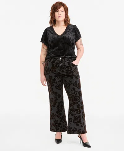 And Now This Plus Size Flocked Floral-print Flared-leg Denim Pants, Macy's Exclusive In Black
