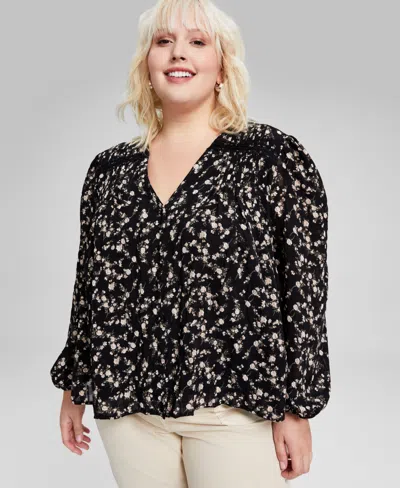 And Now This Plus Size Floral Lace-trim Button-front Top, Created For Macy's