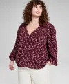 And Now This Plus Size Floral Lace-trim Button-front Top, Created For Macy's In Merlot