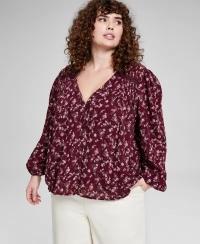 And Now This Plus Size Floral Lace-trim Button-front Top, Created For Macy's In Merlot