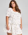 And Now This Plus Size Floral-print Lace-trim Blouse In White