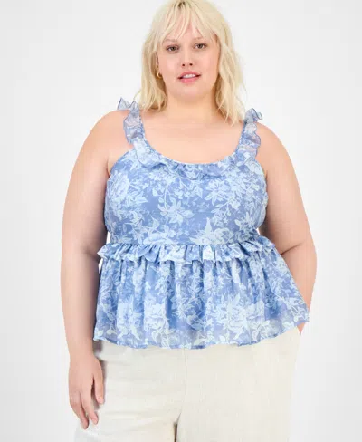 And Now This Plus Size Floral-print Ruffled Top, Exclusively At Macy's In Blue