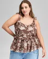 And Now This Plus Size Floral-print Ruffled Top, Exclusively At Macy's In Brown