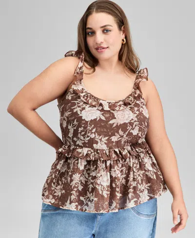 And Now This Plus Size Floral-print Ruffled Top, Exclusively At Macy's In Brown