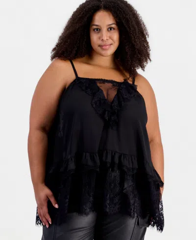 And Now This Plus Size Lace V-neck Ruffle-trim Camisole, Macy's Exclusive In Black