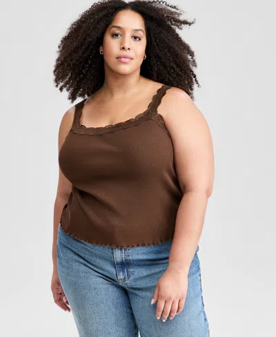 And Now This Plus Size Lace-trim Ribbed Tank, Macy's Exclusive In Brown