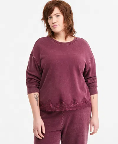 And Now This Plus Size Lounge Lace-trim Long-sleeve Pullover Sweatshirt, Macy's Exclusive In Burgundy