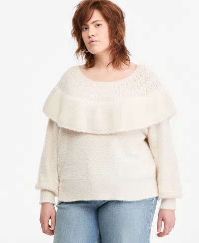 And Now This Plus Size Pointelle Cape Ruffle-trim Sweater, Macy's Exclusive In Neutral