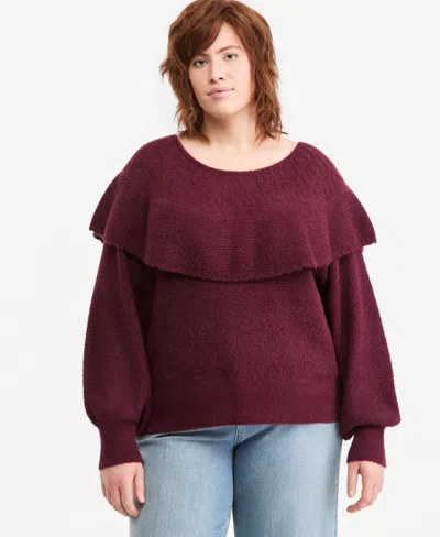 And Now This Plus Size Pointelle Cape Ruffle-trim Sweater, Macy's Exclusive In Red