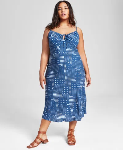 And Now This Plus Size Polka-dot Tied Keyhole Dress, Created For Macy's In Navy White Dot