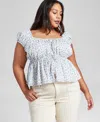 And Now This Plus Size Printed Tie-front Blouse, Created For Macy's In Cream Floral