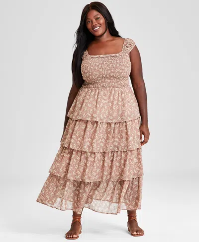 And Now This Plus Size Printed Tiered Smocked Maxi Dress, Created For  Macy's In Brown Floral | ModeSens