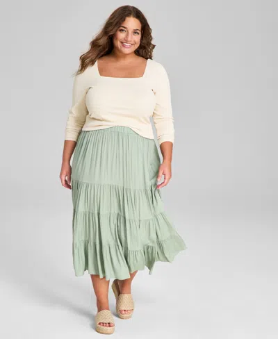And Now This Plus Size Pull-on Tiered Midi Skirt In Brookside Moss