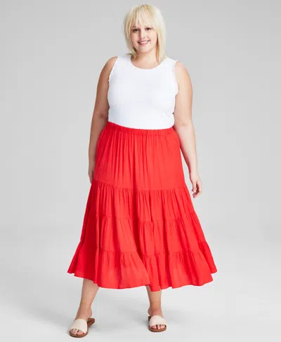 And Now This Plus Size Pull-on Tiered Midi Skirt In Hibiscus