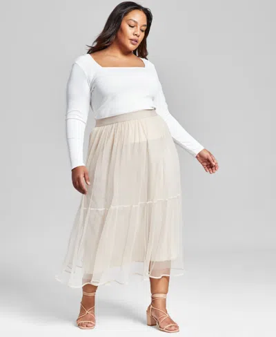 And Now This Plus Size Pull-on Tulle Midi Skirt, Created For Macy's In Tan