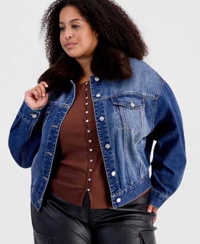 And Now This Plus Size Removable Faux-fur Collar Denim Cropped Jacket, Macy's Exclusive In Medium Wash