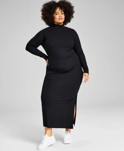 And Now This Plus Size Ribbed High-neck Midi Bodycon Dress In Deep Black