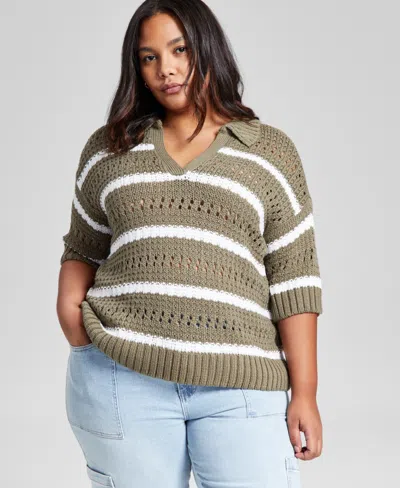 And Now This Plus Size Striped Polo Sweater, Created For Macy's In Crushed Oregano