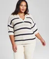 And Now This Plus Size Striped Polo Sweater, Created For Macy's In White