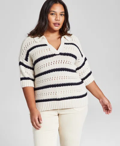 And Now This Plus Size Striped Polo Sweater, Created For Macy's In White