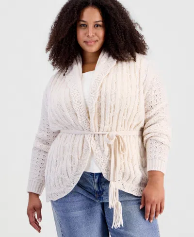And Now This Plus Size Tie Pointelle Shawl Collar Drop-shoulder Cardigan, Macy's Exclusive In Heather Oatmeal