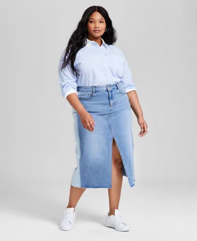 And Now This Plus Size Two-toned Slit-front Cut-hem Denim Skirt, Exclusively At Macy's In Alonzo Wash