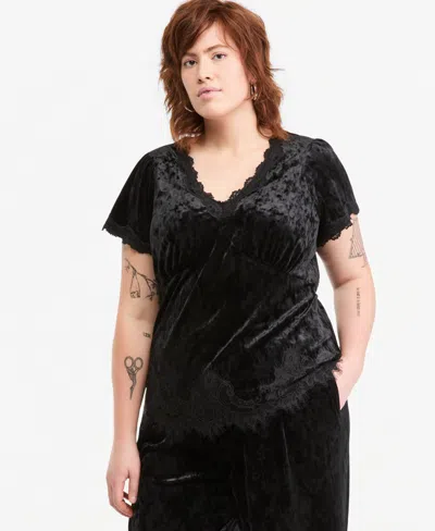 And Now This Plus Size Velvet Lace-trim V-neck Blouse, Macy's Exclusive In Black