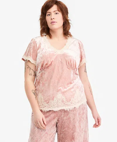 And Now This Plus Size Velvet Lace-trim V-neck Blouse, Macy's Exclusive In Pink